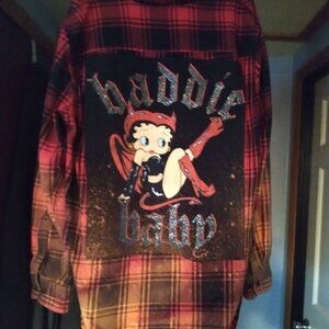 upcycled bleached flannel shirt w/ "BAD GIRL" BETTY BOOP back patch